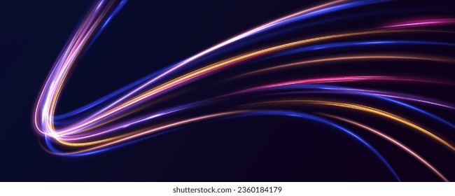 Silhouette de carretera con efecto de luz y movimiento. Imagen vectorial de trazas de luz coloridas con efecto de desenfoque de movimiento, exposición de largo tiempo aislada en el fondo	