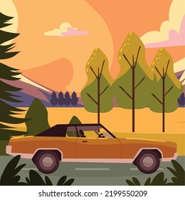 car and road trip, vector style