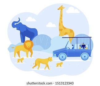 Car Road Trip To Zoo Park On Vacation In Africa. Cartoon People Characters In Truck. Huge Elephant And Giraffe Behind Trees. Cute Predator Family Lions And Lionets. Vector Cutout Flat Illustration