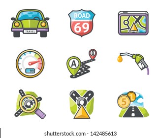 Car and roads icons set