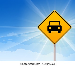 Car Roadsign on Blue Sky - Yellow sign with car symbol on blue background with sun rays