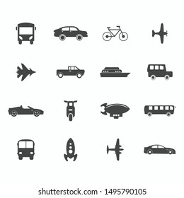 Car, rocket, bus, bike, plane, forklift, helicopter, ship, truck, taxi, sport car,  seat belt icons set. Vector illustration. Transportation icons set 