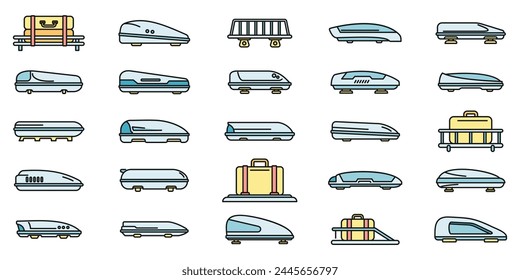 Car roof box icons set outline vector. Auto baggage. Cargo box thin line color flat on white