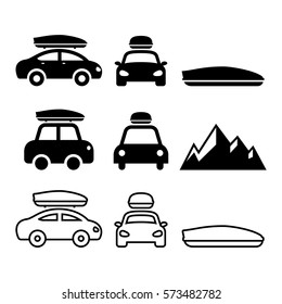 Car Roof Box, Rack Or Carrier Vector Icons Set 