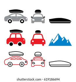 Car Roof Box, Roof Rack Or Carrier Vector Icons Set 