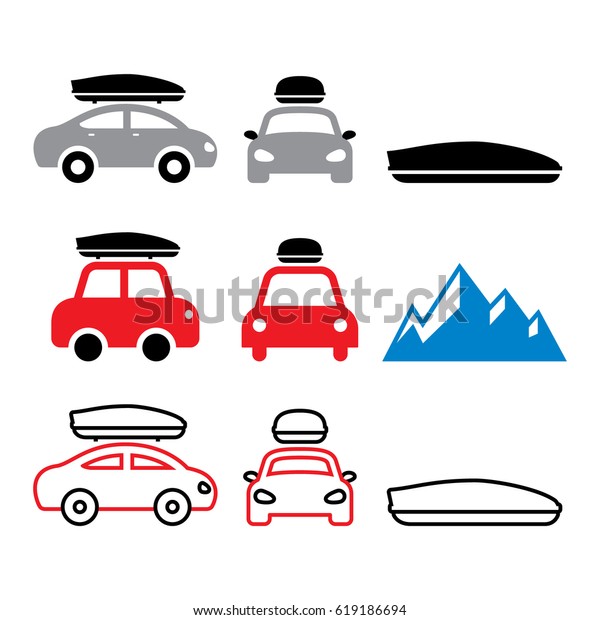 Car roof\
box, roof rack or carrier vector icons set\
