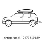 Car with roof carrier. Roof box. Load trip. Family station wagon for travel. Outline illustration.