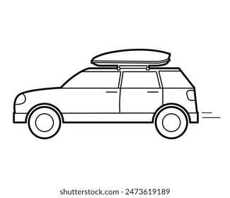 Car with roof carrier. Roof box. Load trip. Family station wagon for travel. Outline illustration.