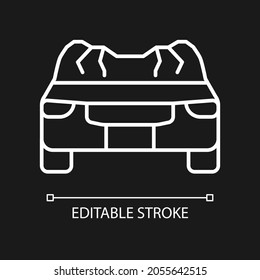 Car Roof Damage White Linear Icon For Dark Theme. Rollover Accident. Auto Collapse. Car Accident. Thin Line Customizable Illustration. Isolated Vector Contour Symbol For Night Mode. Editable Stroke