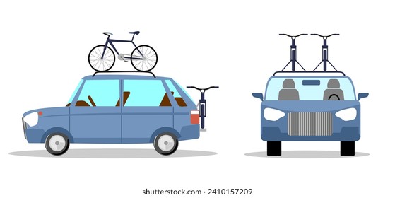 Car and roof rack with bike. Car is transporting bicycles. Family road trip weekend getaway journey in bike park. Vector illustration set isolated on white background.