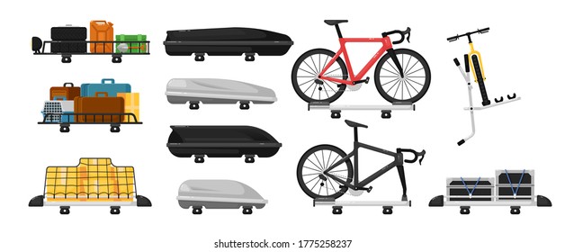 Car roof rack set. Isolated travel automobile roof storage, carrier, box, rack with baggage bags and mounted bicycles icon collection. Vector car trip transportation illustration
