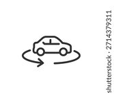 Car with rotation arrow, linear icon. Vehicle 360 view inspection. Line with editable stroke.
