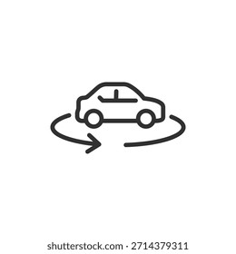 Coche con flecha de rotación, icono lineal. Inspección de la vista del vehículo 360. Línea con trazo editable.