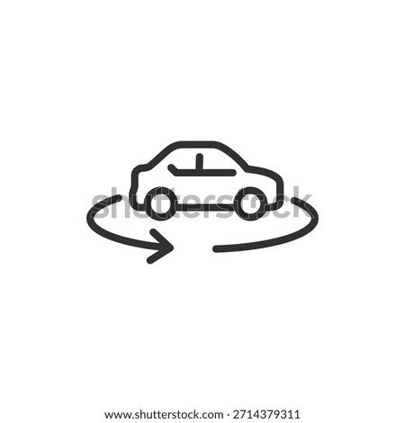 Car with rotation arrow, linear icon. Vehicle 360 view inspection. Line with editable stroke.