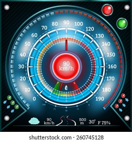 car round abstract shiny speedometer with arrow indicators fuel road weather temperature