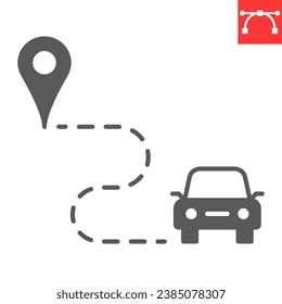Car route glyph icon, navigation and transportation, car destination vector icon, vector graphics, editable stroke solid sign, eps 10.