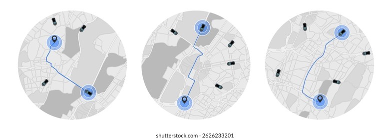 Navegação GPS de Rota de Carro no Mapa - Interface de Aplicativo Móvel para Smartphone e Tablet com Rastreamento de Veículo, Rastreamento de Rota e Direção de Distância