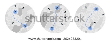 Car Route GPS Navigation on Map – Mobile App Interface for Smartphone and Tablet with Vehicle Tracking, Route Tracing, and Distance Direction