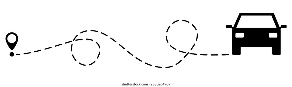 Car route with location pin icon. Automobile silhouette driving on dotted path. Journey and travel concept. Vector illustration isolated on white.