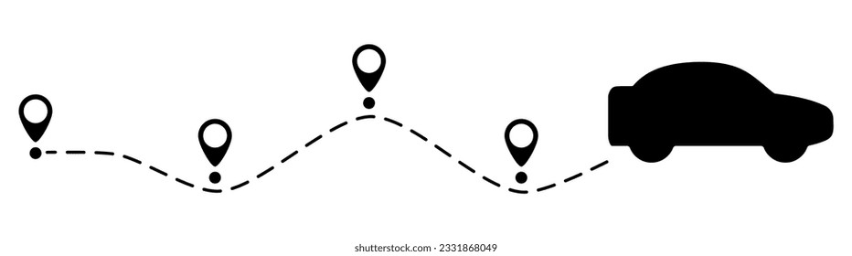 Car route with location pin icon. Automobile silhouette driving on dotted path. Journey and travel concept. Vector illustration isolated on white.