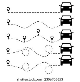 Ruta del coche con el pin de ubicación establecido. Silhouette de automóvil que conduce en la colección de caminos punteados. Viaje y concepto de viaje. Ilustración vectorial aislada en blanco.