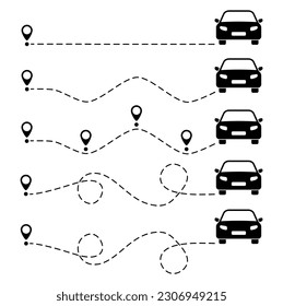 Car route with location pin set. Automobile silhouette driving on dotted path collection. Journey and travel concept. Vector illustration isolated on white.