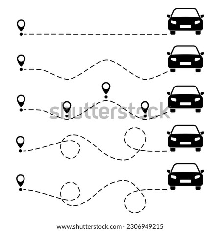 Car route with location pin set. Automobile silhouette driving on dotted path collection. Journey and travel concept. Vector illustration isolated on white.