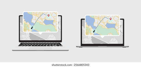 Car Route Mapping on Laptop: GPS Tracking and Shared Car App Concept - Vector Illustration