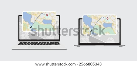 Car Route Mapping on Laptop: GPS Tracking and Shared Car App Concept - Vector Illustration