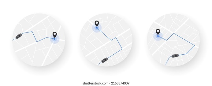 Car route on the map. Traveling by car. Distance tracking. Vector illustration