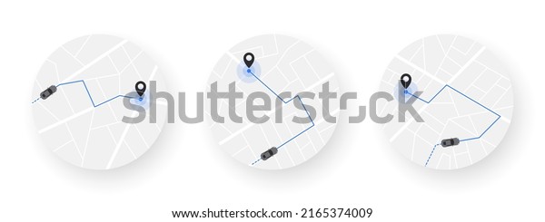 Car route on the map. Traveling by car.\
Distance tracking. Vector\
illustration