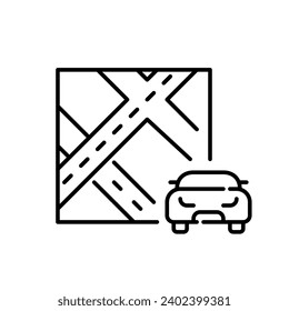 Aplicación de rutas de auto y mapas de navegación. Icono perfecto de píxeles