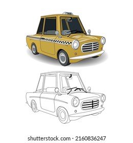 Car Royalty vector Art, Icon and Logo, Cartoon Taxi Car Outline Illustration