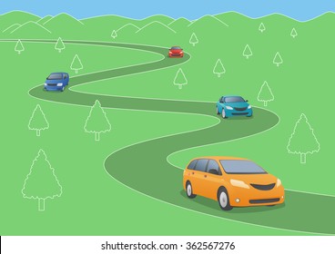 Car running a curved road, vector illustration