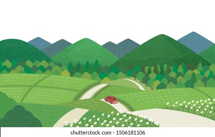 A car is running on a country road in Japan