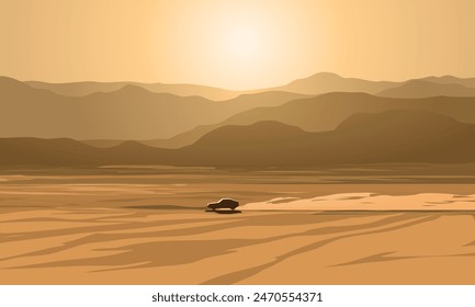 A car running through desert with dust trail