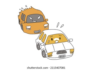 A car rushed by a car driving in a hurry (personification) Comical handwritten person vector, simple coloring on line drawing