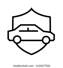 The car is safe. Shield and car. Insurance. Vector illustration in black on white background.