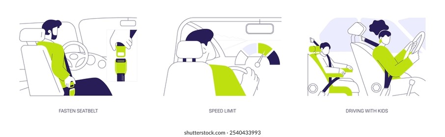 Car safety abstract concept vector illustration set. Fasten seatbelt, exceed speed limit, driving with kids, child car seat, personal transport owner, steering wheel, safe driving abstract metaphor.