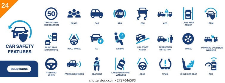 Car safety features icon. Includes hill start assist, ADAS, lane departure warning, hold wheel, ABS, blind spot monitoring. Solid vector icons collection.