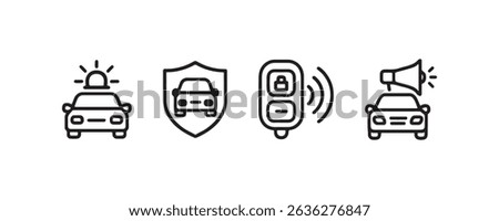 Car safety icons: emergency, security, lock, alert symbols in black and white.