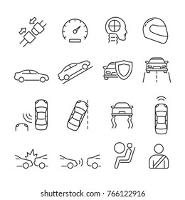 Car safety related icons: thin vector icon set, black and white kit