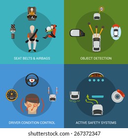 Car safety system design concept set with seat belt airbag object detection driver condition control flat icons isolated vector illustration