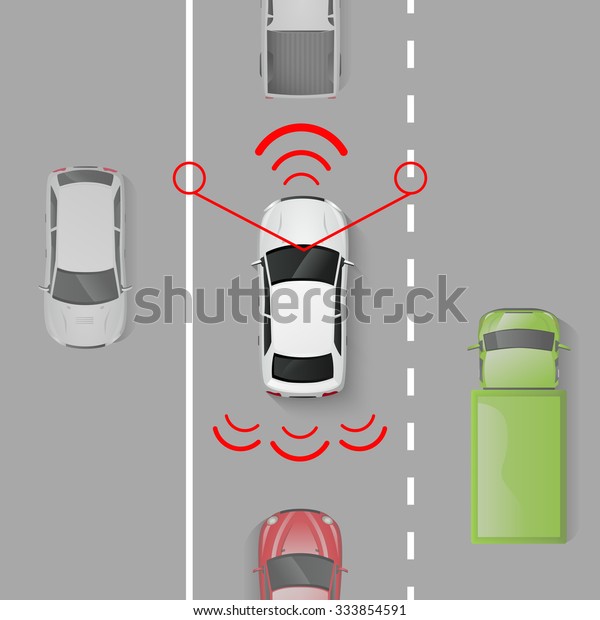 Car safety system with top view auto in\
motion on the road vector\
illustration