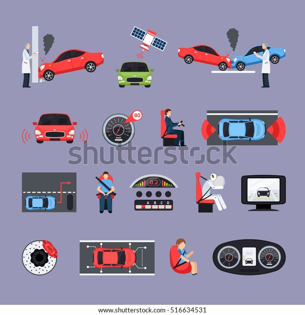 Car safety systems icons set with\
crash test symbols flat isolated vector\
illustration