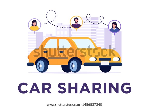 Car sahring service web banner. Transport\
Concept. Cityscape Environment Illustration with People Location\
Icon.Travel Companion. car sharing and taxi Service. Urban\
Application.