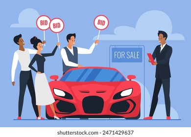 Car for sale at auction and bidding process, price suggestion to auctioneer by competitors with Bid paddles. Tiny people offer money and raise signs for vehicle in showroom cartoon vector illustration