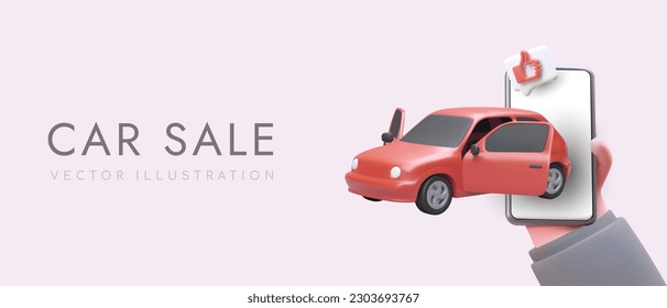 Venta de coches. Mercado de automóviles. Modelos nuevos y usados. Reseñas de usuarios reales. Calificación del producto. Plantilla de publicidad de aplicaciones móviles con ilustraciones 3D