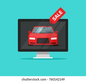 Car with sale badge in computer monitor vector illustration, flat cartoon style of automobile website page on desktop pc as online sale service