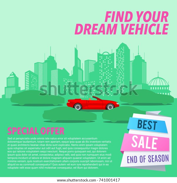 Car sale banner. Vector illustration with\
cartoon-style red cabriolet car on urban silhouette background.\
Poster sale car for\
transportation
